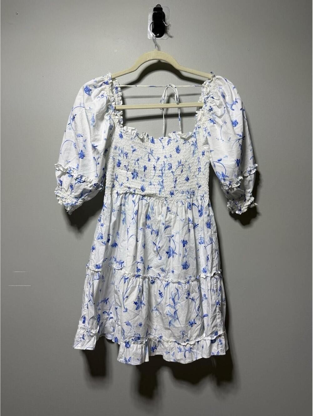 Hill House Home Nesli Nap Dress Blue Botanical Mini Puff Sleeve XS